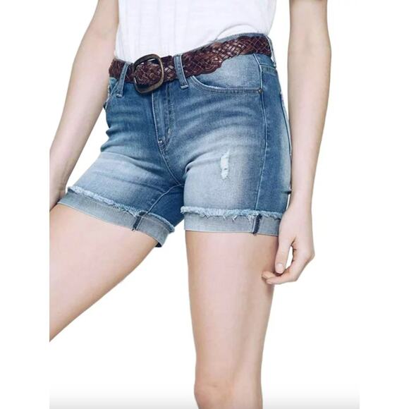 KanCan Women's Two Tone Distressed Jean Shorts Size 28 Rolled Hem Cuff - Picture 12 of 13